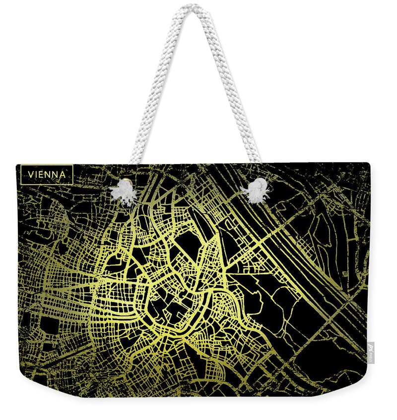 Map Weekender Tote Bag featuring the digital art Vienna Map in Gold and Black by Sambel Pedes