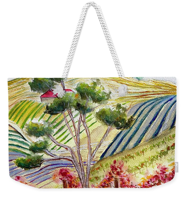 View Weekender Tote Bag featuring the painting View from the patio at Gershon Bachus Vintners by Roxy Rich