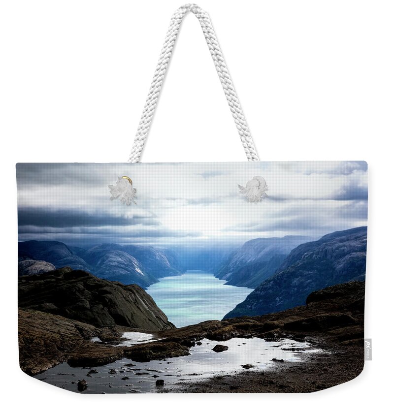 Norway Weekender Tote Bag featuring the photograph View from the Top of Preikestolen The Pulpit Rock by Debra and Dave Vanderlaan