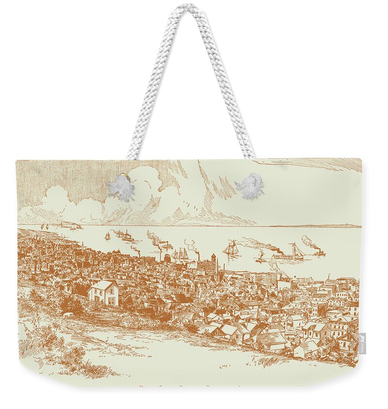 Duluth Weekender Tote Bag featuring the drawing View of Duluth 1890 by Zenith City Press