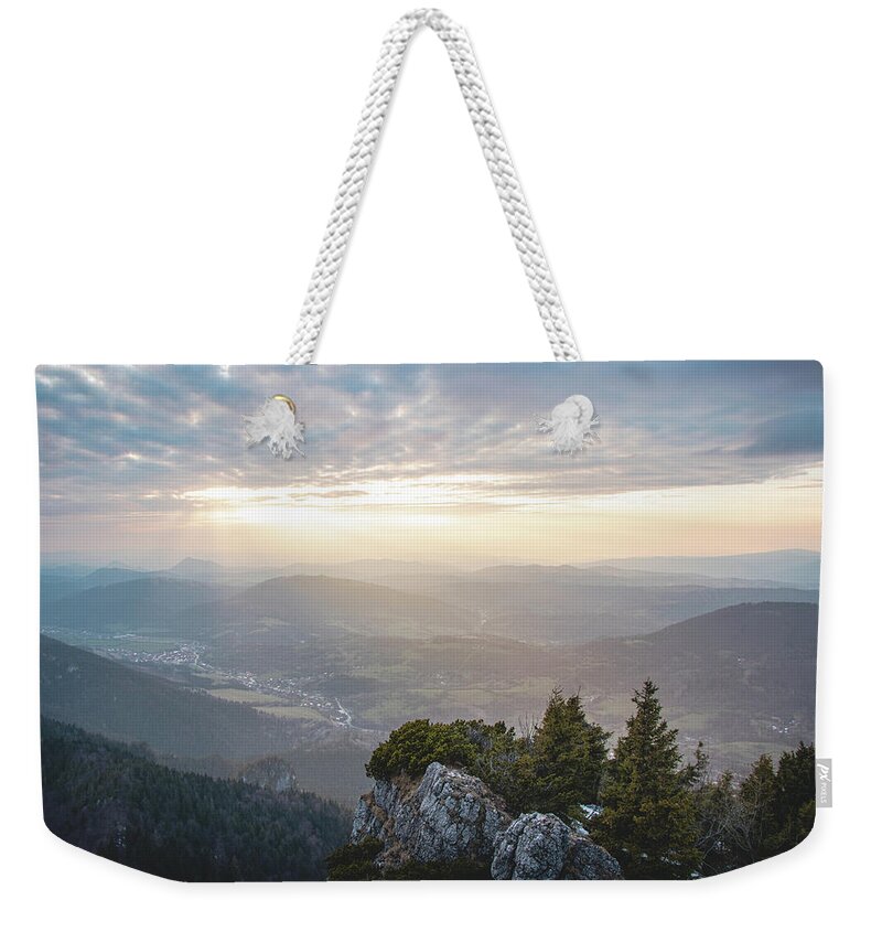 Maly Rozsutec Weekender Tote Bag featuring the photograph View of the sunset on Mount Maly Krivan in Mala Fatra National Park in Slovakia, Eastern Europe by Vaclav Sonnek