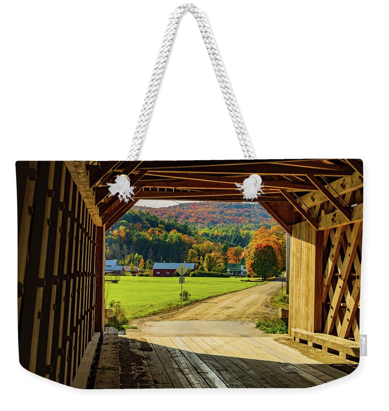 Interior Weekender Tote Bag featuring the photograph View Through A Covered Bridge by Ann Moore