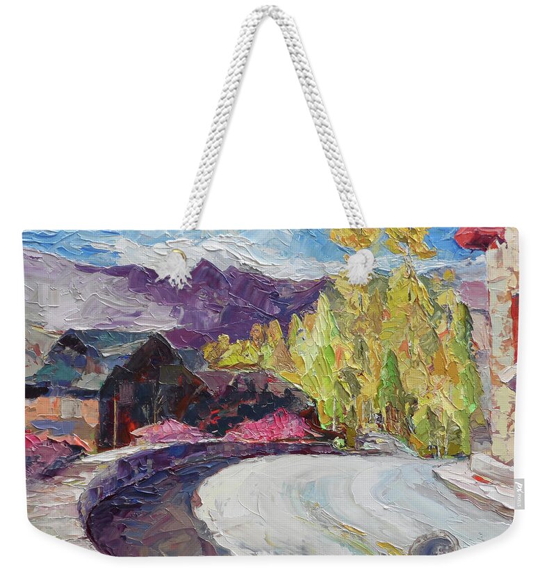 Telluride Village Weekender Tote Bag featuring the painting Village Bridge, 2018 by PJ Kirk