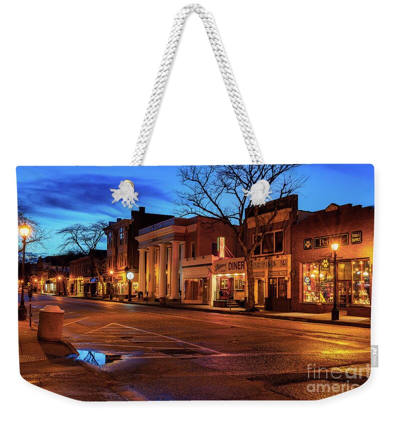 Northport Weekender Tote Bag featuring the photograph Village Shops at Daybreak by Sean Mills