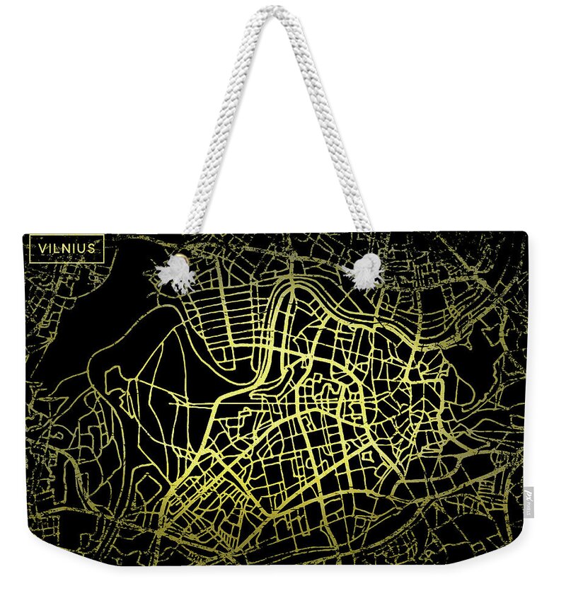Map Weekender Tote Bag featuring the digital art Vilnius Map in Gold and Black by Sambel Pedes