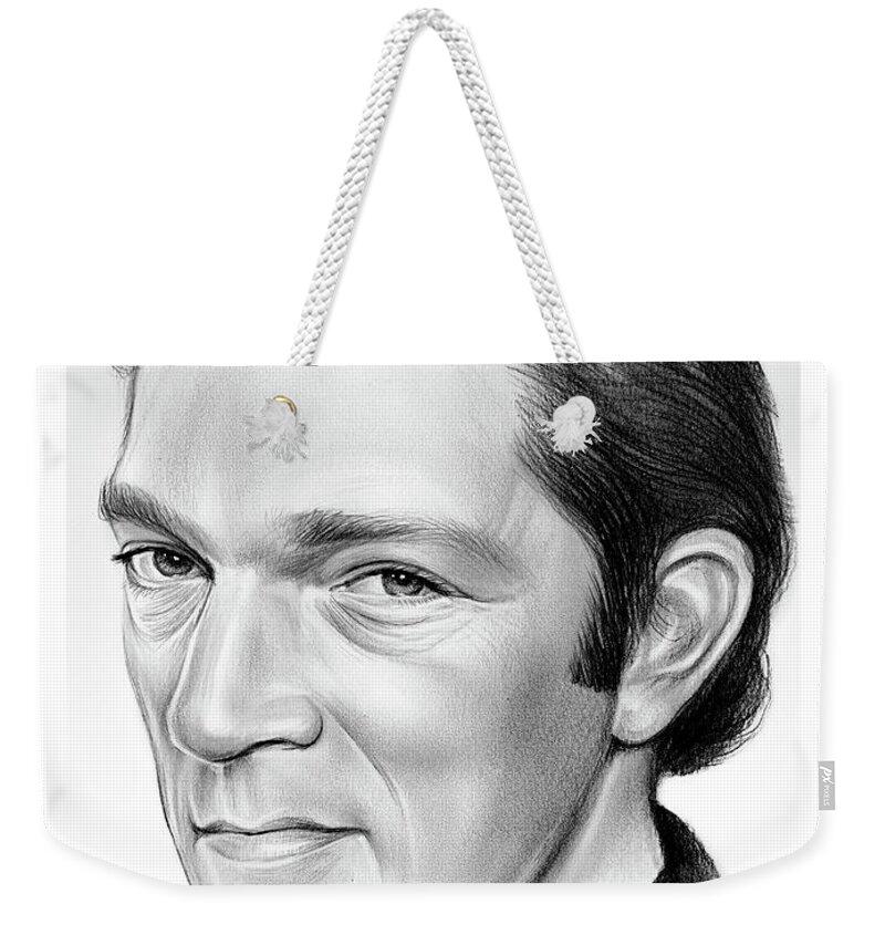 Vincent Cassel Weekender Tote Bag featuring the drawing Vincent Cassel by Greg Joens