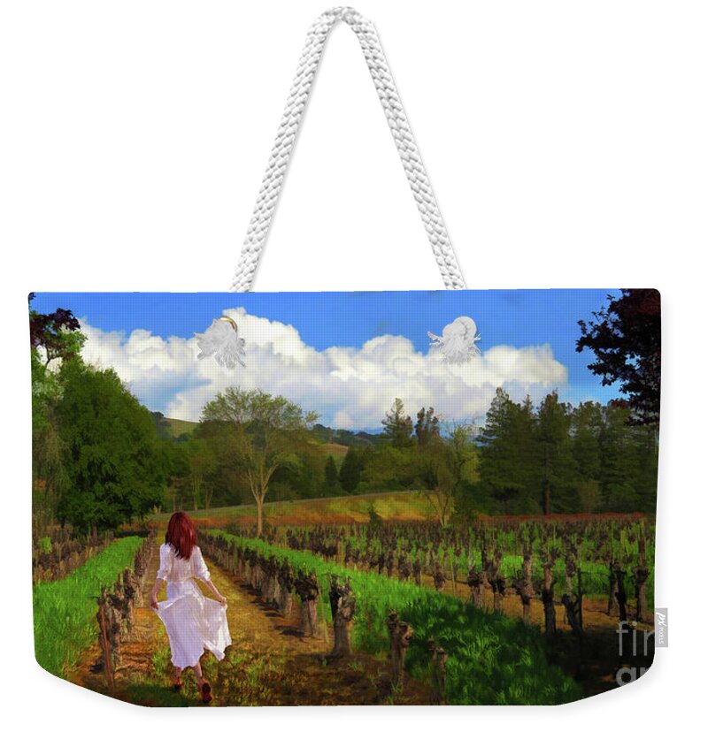 Vineyards Weekender Tote Bag featuring the digital art Vineyard Maiden by Melinda Hughes-Berland