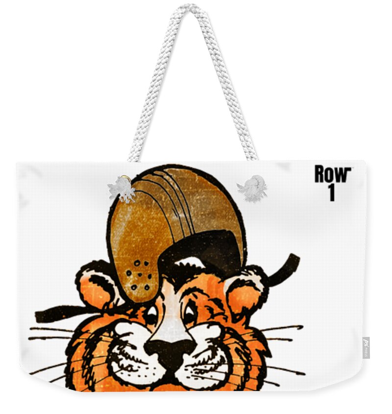 Vinnie The Tiger Weekender Tote Bag featuring the mixed media Vinnie the Vintage Football Tiger by Row One Brand