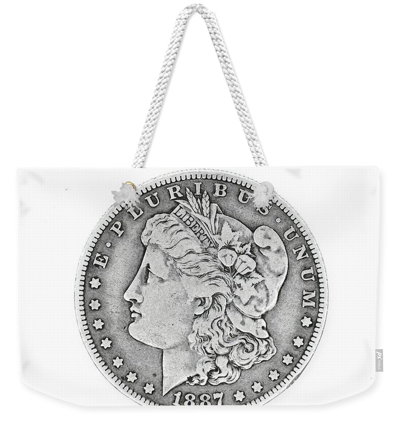 Coin Weekender Tote Bag featuring the photograph Vintage 1887 Morgan Dollar by Amelia Pearn