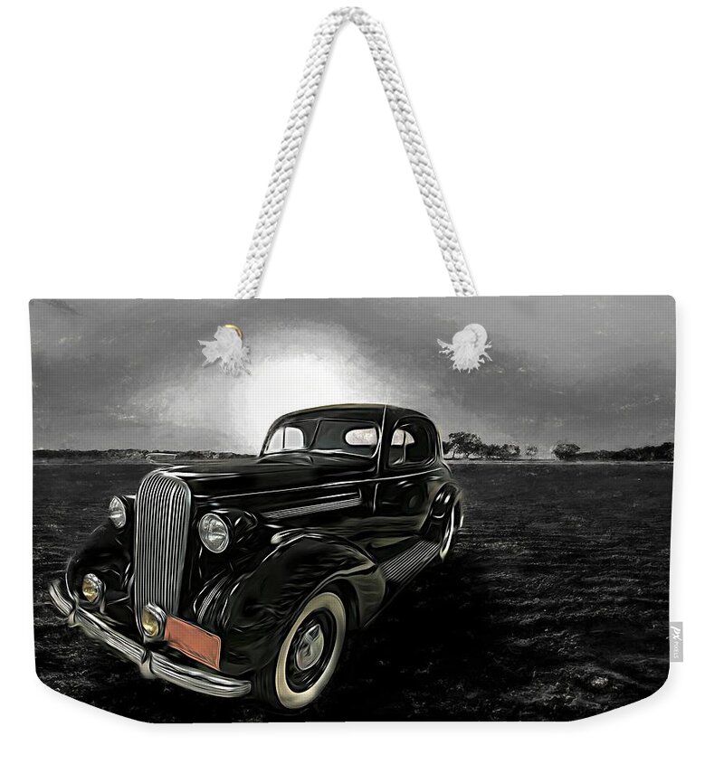 Classic Cars Weekender Tote Bag featuring the mixed media Vintage 1936 Buick Classic Motorcar Sunset Beach by Joan Stratton