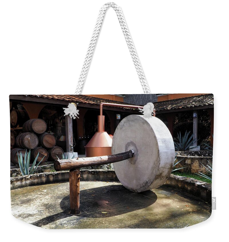 Agave Weekender Tote Bag featuring the photograph Vintage Agave Press for Making Tequila by Bill Swartwout