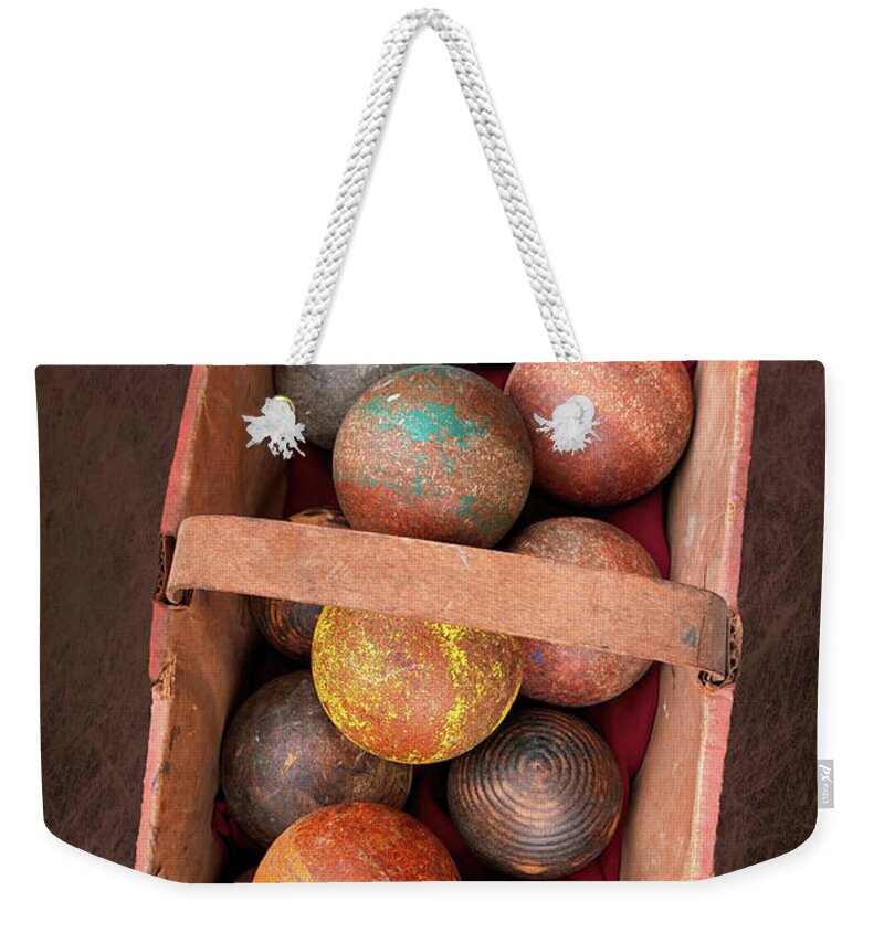 Bocce Weekender Tote Bag featuring the photograph Vintage Bocce Balls In Tattered Basket by Gary Slawsky