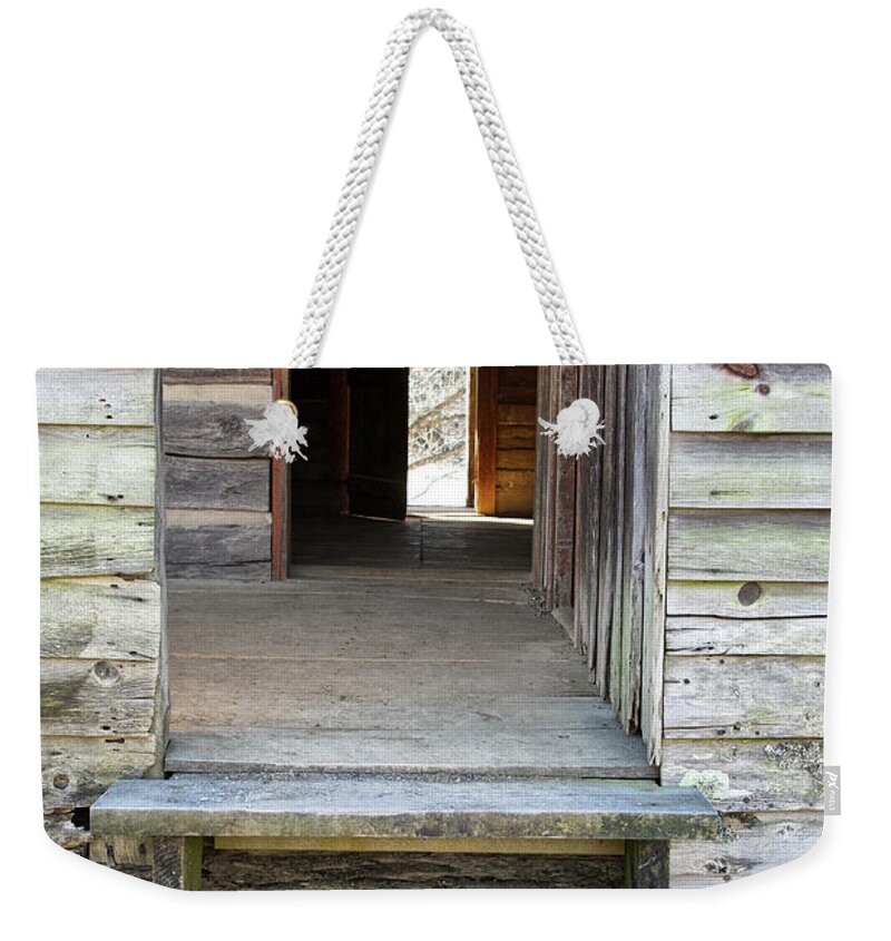 Cades Cove Weekender Tote Bag featuring the photograph Vintage Cabin And Doors by Phil Perkins