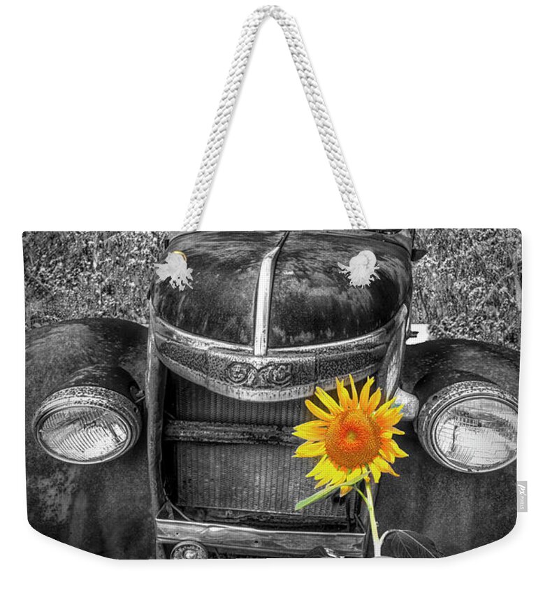 1938 Weekender Tote Bag featuring the photograph Vintage in the Wildflowers Black and White and Yellow by Debra and Dave Vanderlaan