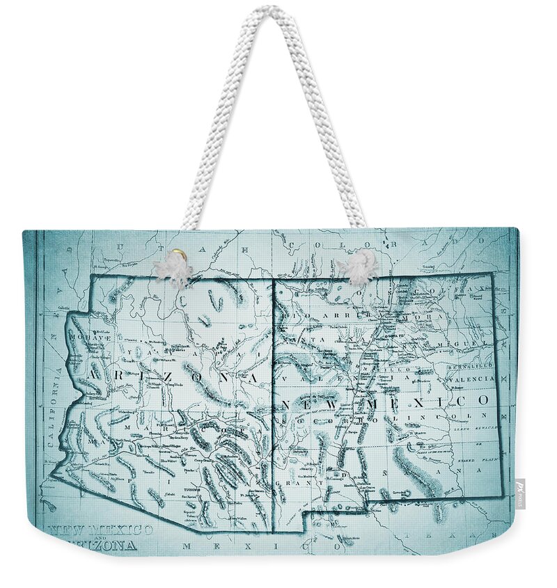 New Mexico Weekender Tote Bag featuring the photograph Vintage Map New Mexico and Arizona 1875 Cool Blue by Carol Japp