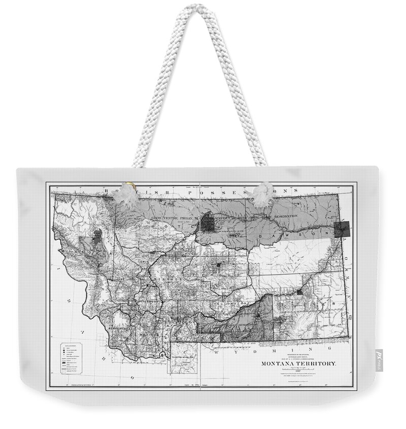 Montana Weekender Tote Bag featuring the photograph Vintage Map State of Montana 1887 Black and White by Carol Japp