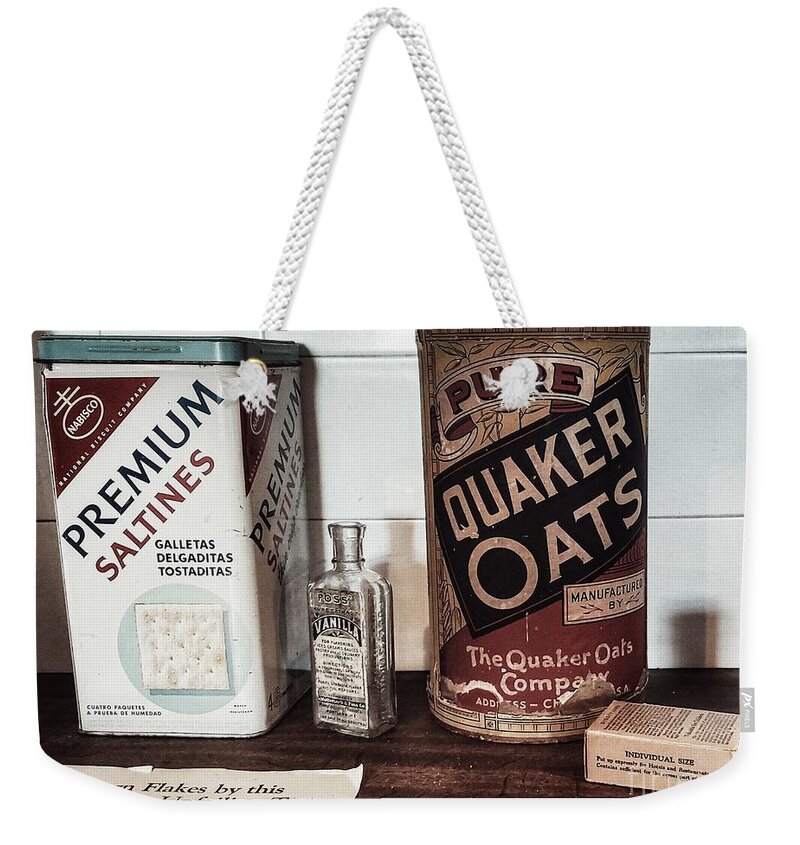 Vintage Weekender Tote Bag featuring the photograph Vintage Pantry by Mary Capriole