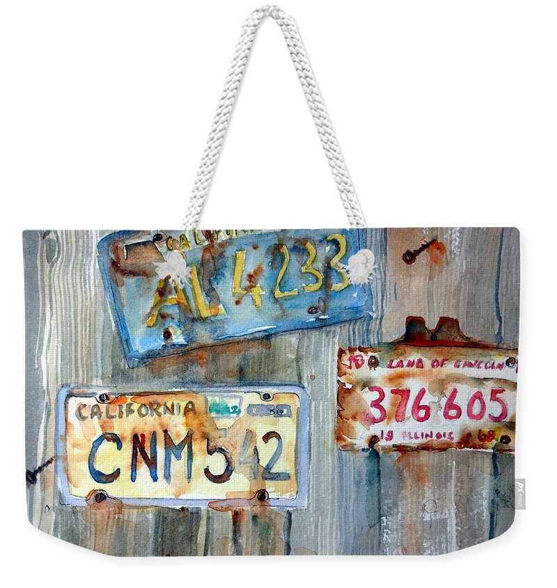 Vintage Automobile Weekender Tote Bag featuring the painting Vintage Plates by Anna Jacke