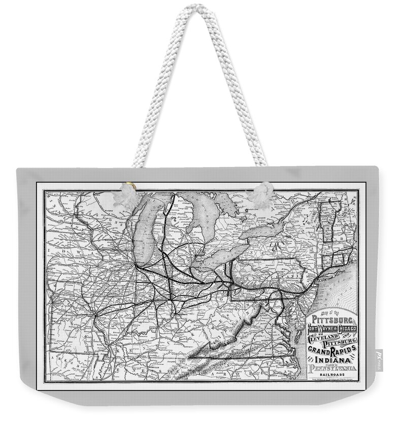Railroad Weekender Tote Bag featuring the photograph Vintage Railroad Map 1874 Pittsburgh and Beyond Black and White by Carol Japp