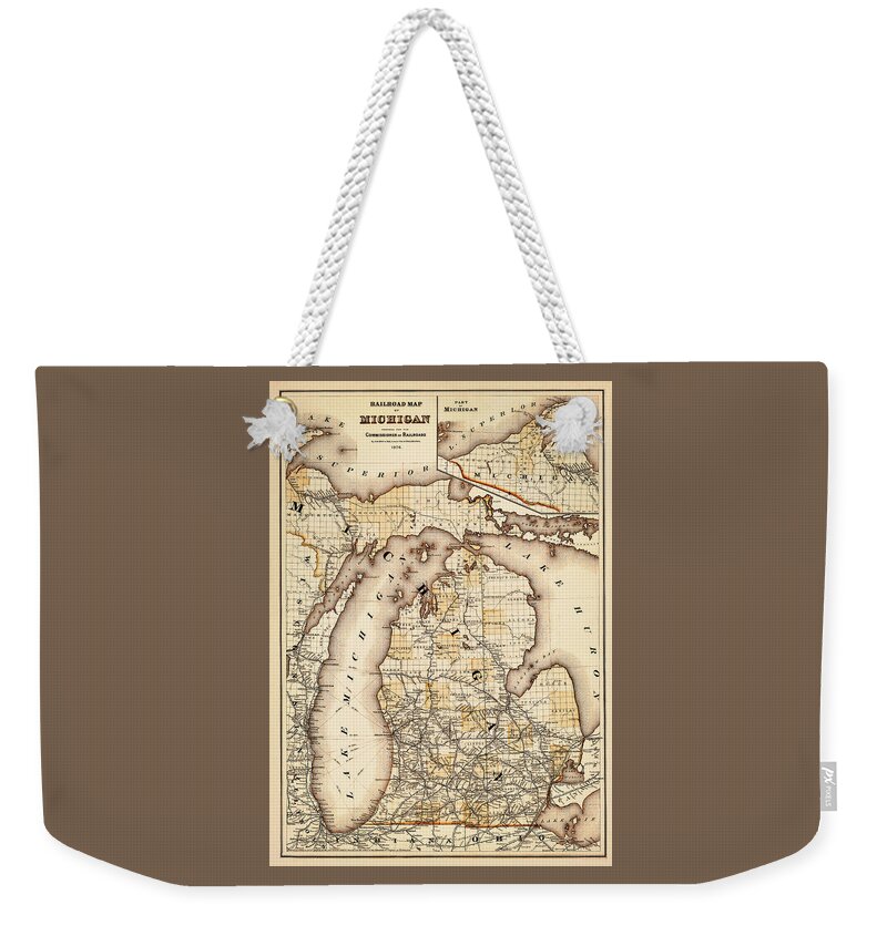 Michigan Weekender Tote Bag featuring the photograph Vintage Railroad Map of Michigan 1876 Sepia by Carol Japp