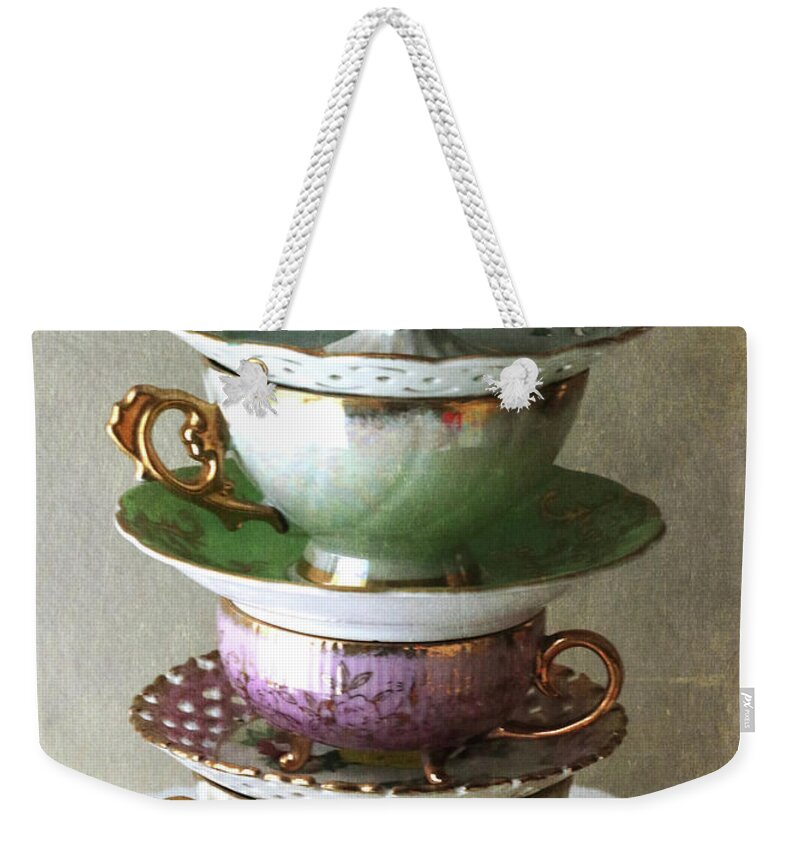 Tea Cups Weekender Tote Bag featuring the photograph Vintage Tea Cups by Trina Ansel