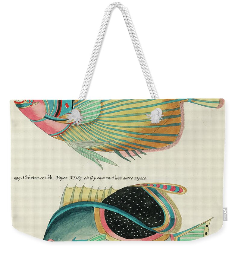 Fish Weekender Tote Bag featuring the digital art Vintage, Whimsical Fish and Marine Life Illustration by Louis Renard - Empereur du Japon, Chietse by Louis Renard