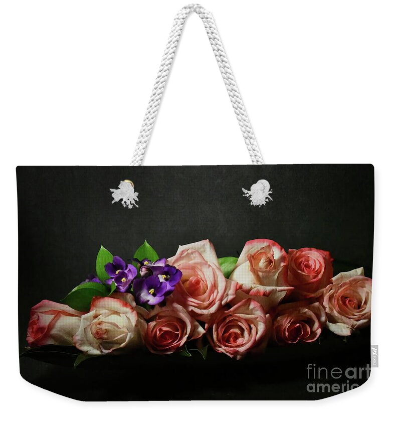 Floral Design Weekender Tote Bag featuring the photograph Violets and Pink Roses by Diana Mary Sharpton