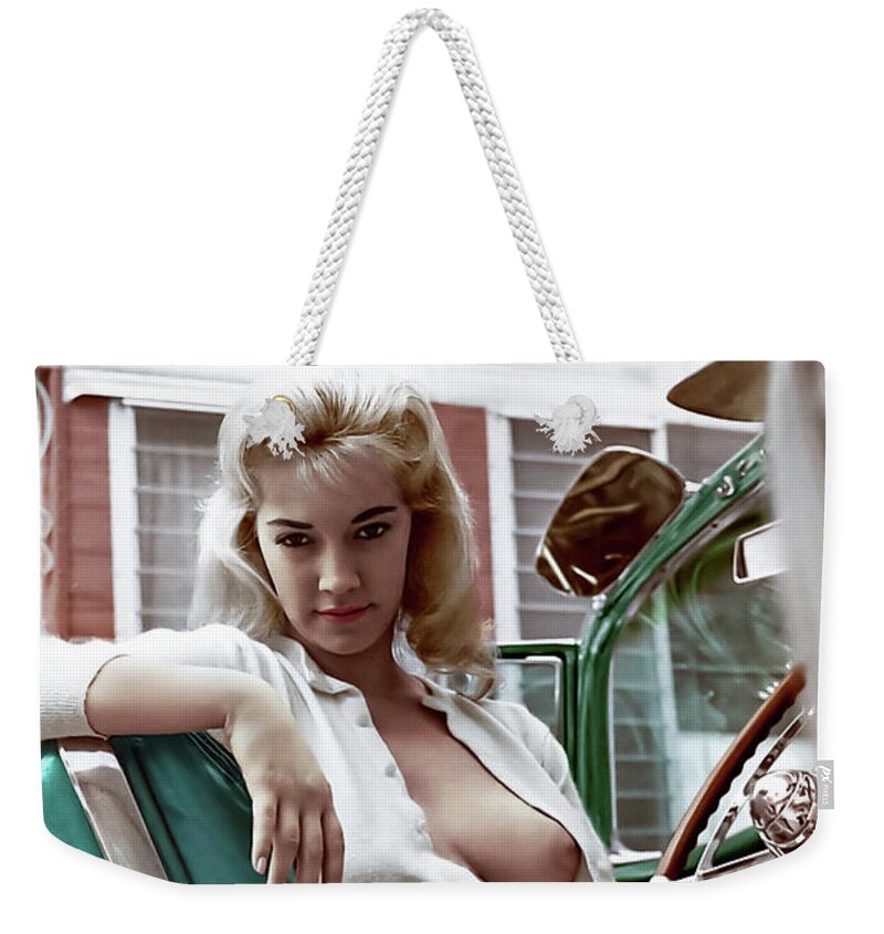 Virginia Rogers Weekender Tote Bag featuring the digital art Virginia Rogers in the Cadillac by Franchi Torres