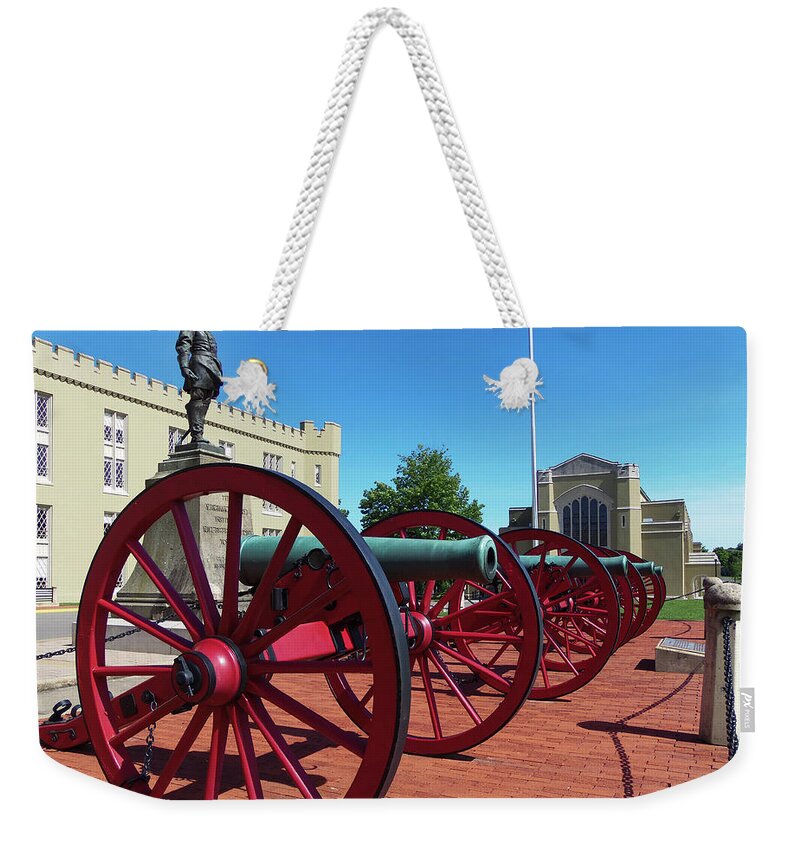 Jackson Memorial Hall Weekender Tote Bag featuring the photograph VMI Cannons and Jackson Memorial Hall by Deb Beausoleil
