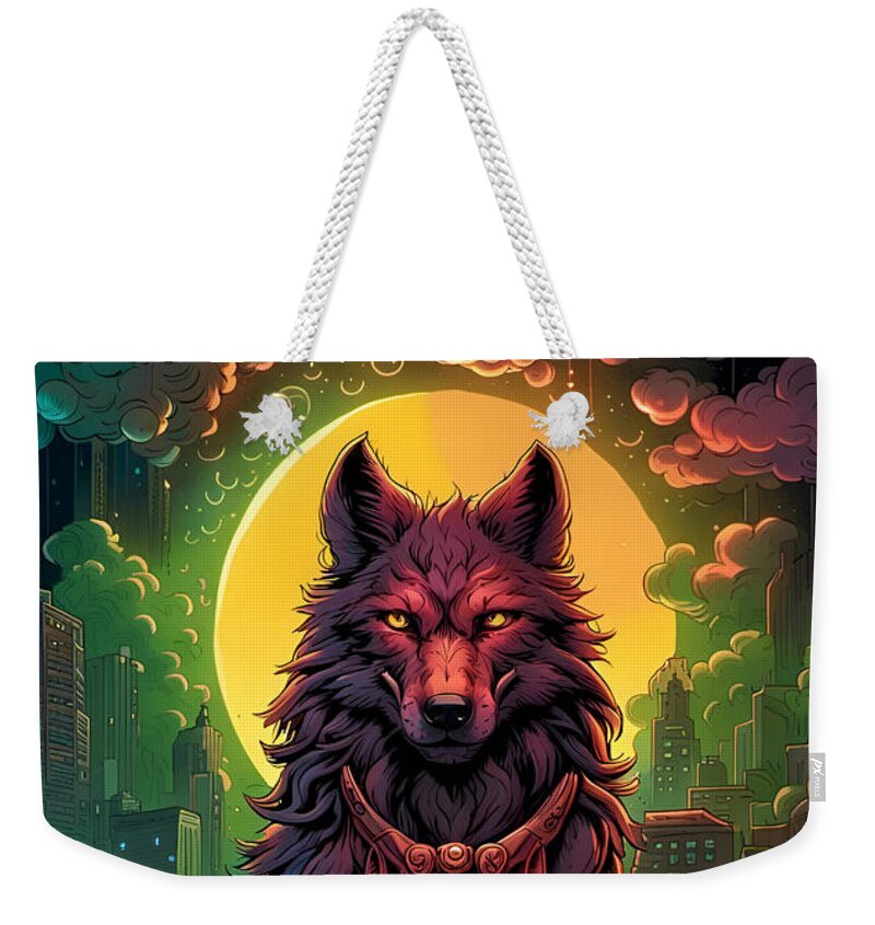 Voodoo Weekender Tote Bag featuring the digital art Voodoo Wolf Under The Full Moon Of The City by Jason Denis