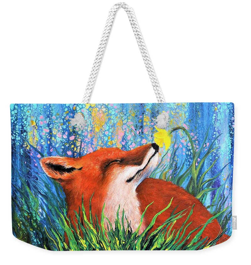 Wall Art Home Décor Vulpes Spring Red Fox Gift Idea Acrylic Painting Abstract Painting Flower Yellow Flower Yellow Daffodil Fox Spring Orange And Blue Color Weekender Tote Bag featuring the painting Vulpes Spring by Tanya Harr