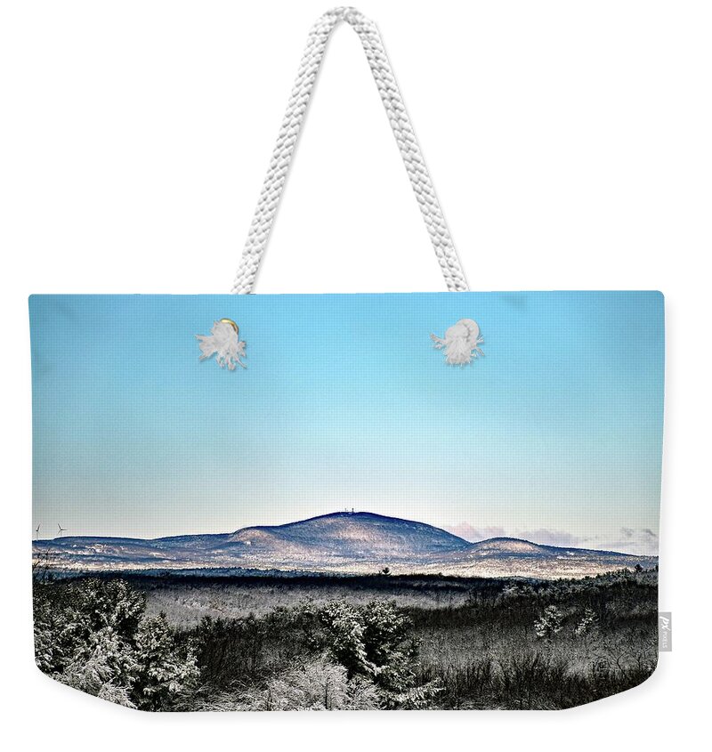 Wachusett Weekender Tote Bag featuring the photograph Wachusett Mountain in the snow by Monika Salvan