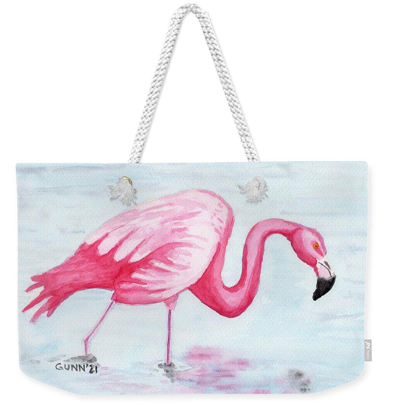Flamingo Weekender Tote Bag featuring the painting Wading Flamingo by Katrina Gunn