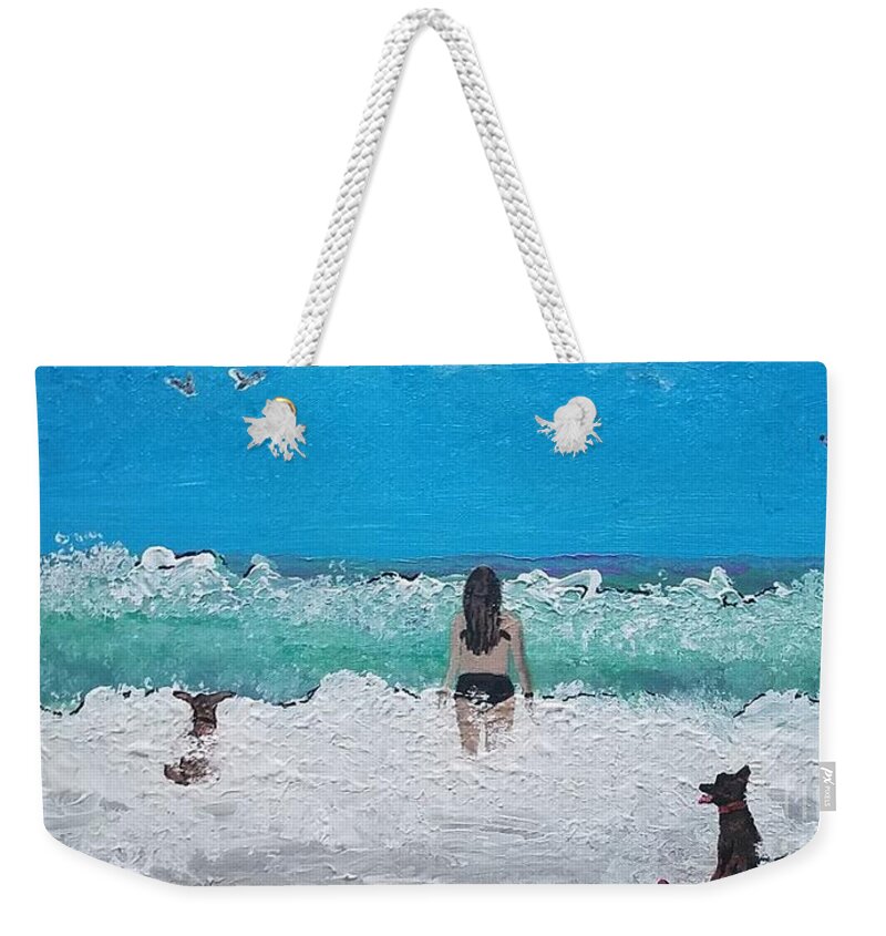  Weekender Tote Bag featuring the painting The Wading into the Waves by Mark SanSouci