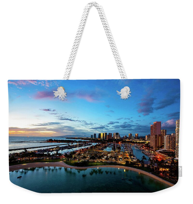 Paintography Weekender Tote Bag featuring the photograph Waikiki Marina Twilight - Paintography by Anthony Jones