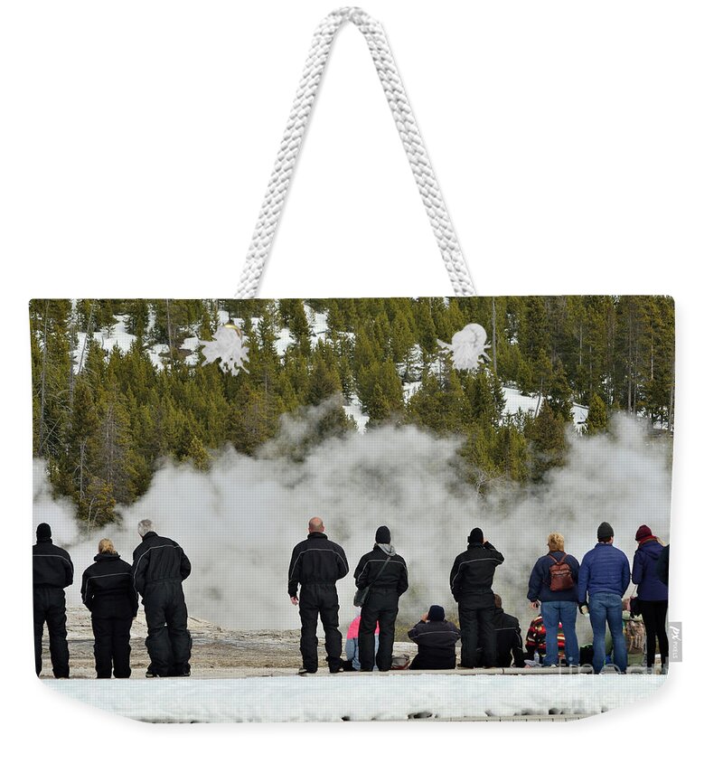 Yellowstone Weekender Tote Bag featuring the photograph Waitiing for Old Faithful by Kae Cheatham