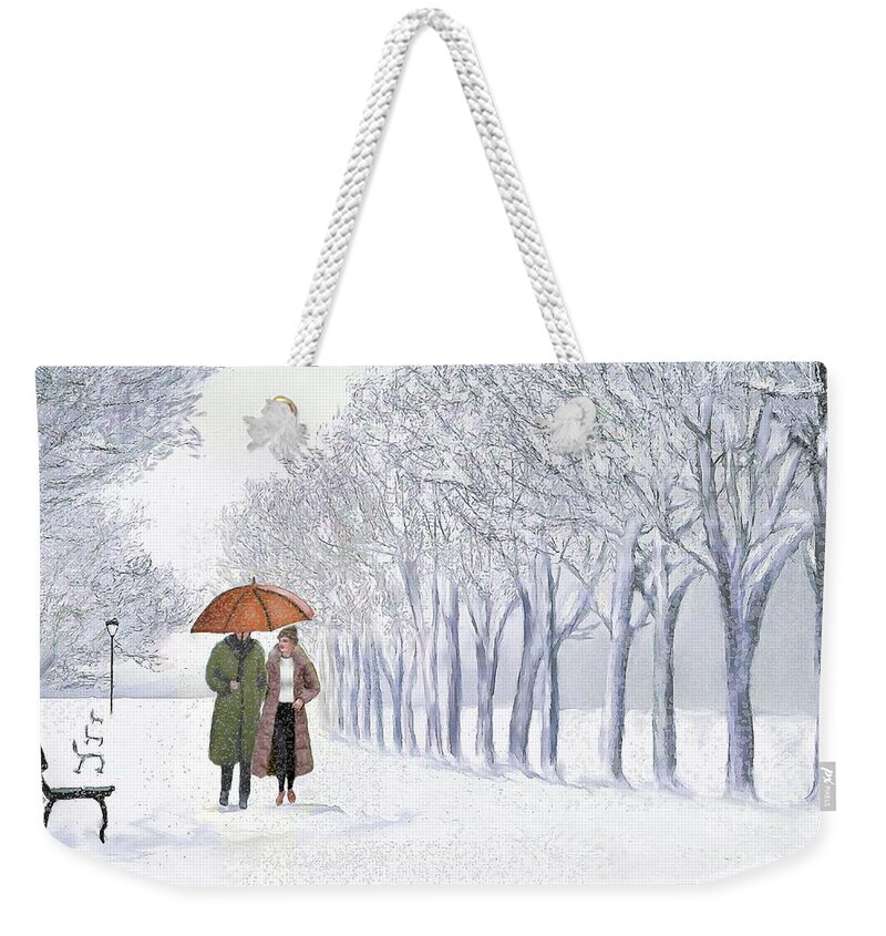 People Weekender Tote Bag featuring the painting Walking On The Snow by Ana Borras