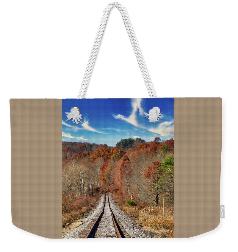Railroad Weekender Tote Bag featuring the photograph Walking The Tracks by Scott Burd
