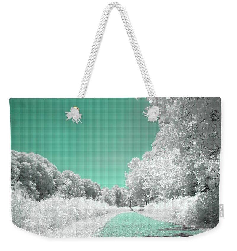 Infrared Weekender Tote Bag featuring the photograph Walking Through the White Infrared Forest by Auden Johnson
