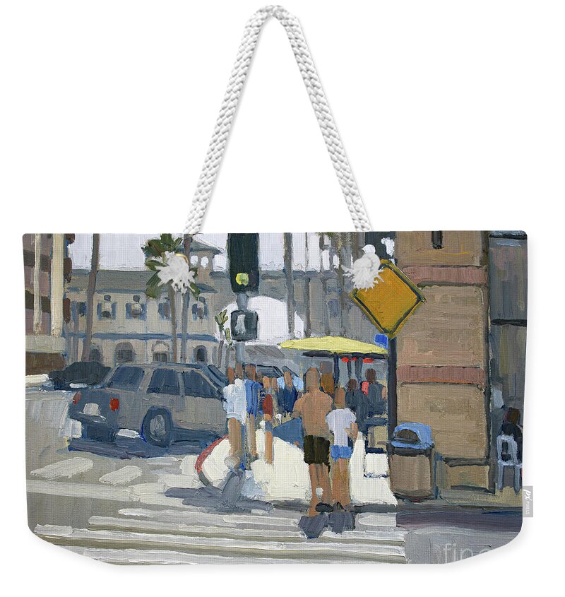 Crystal Pier Weekender Tote Bag featuring the painting Walking to the Pier - Pacific Beach, San Diego, California by Paul Strahm