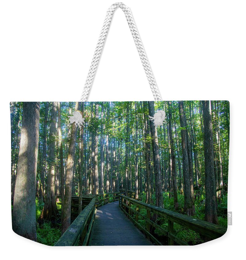 Trees Weekender Tote Bag featuring the photograph Walkway through trees by Dart Humeston