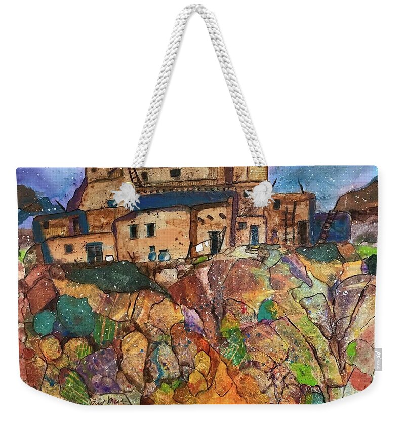 Ancient Dwelling Weekender Tote Bag featuring the painting Walpi Village Pueblo by Elaine Elliott
