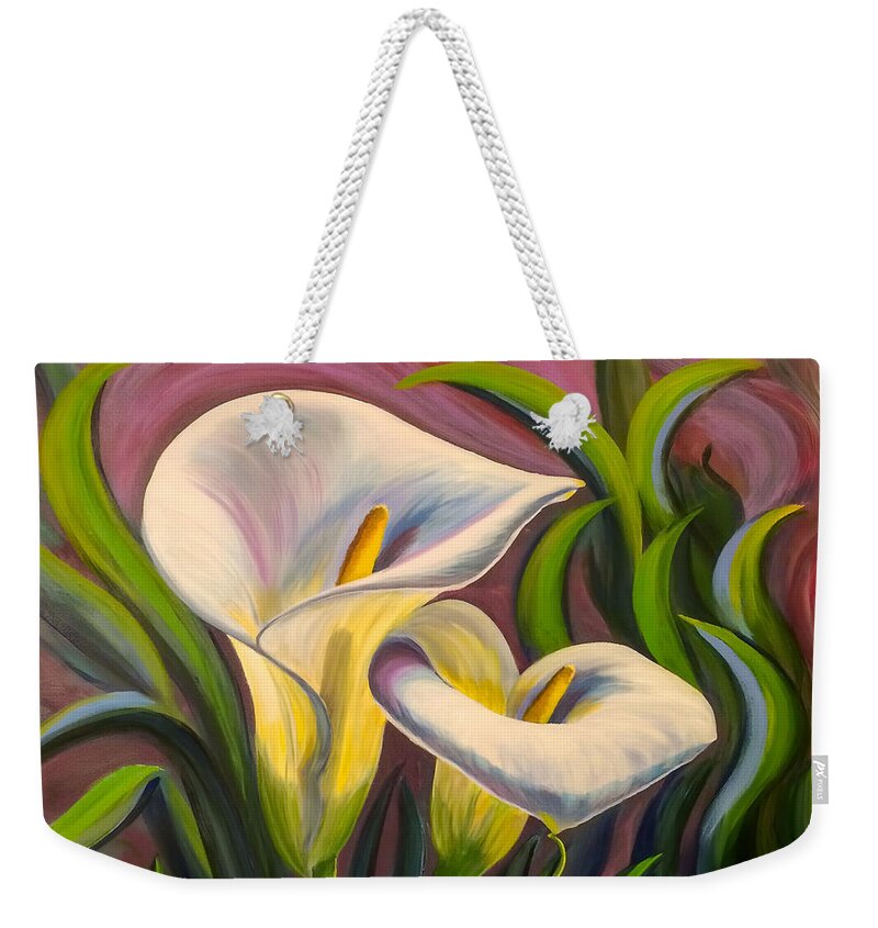 Oil Painting Weekender Tote Bag featuring the painting Waltzing Calla Lilies by Sherrell Rodgers