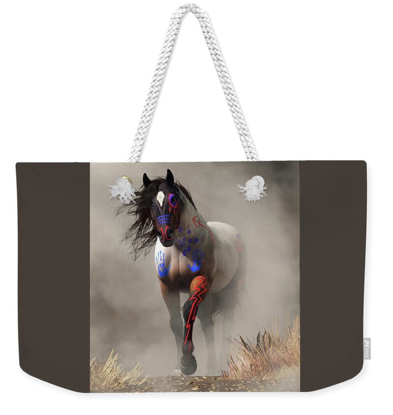 War Horse In The Fog Weekender Tote Bag featuring the digital art War Horse in the Fog by Daniel Eskridge