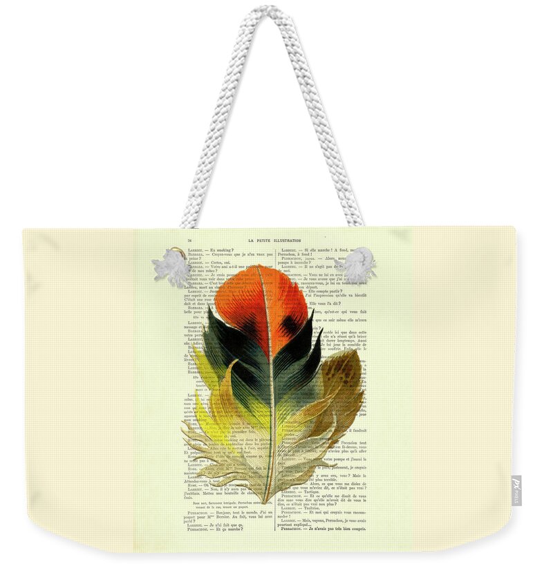 Feather Weekender Tote Bag featuring the digital art Warm colored feather by Madame Memento