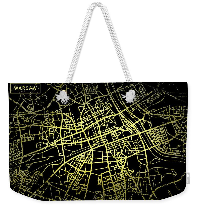 Map Weekender Tote Bag featuring the digital art Warsaw Map in Gold and Black by Sambel Pedes