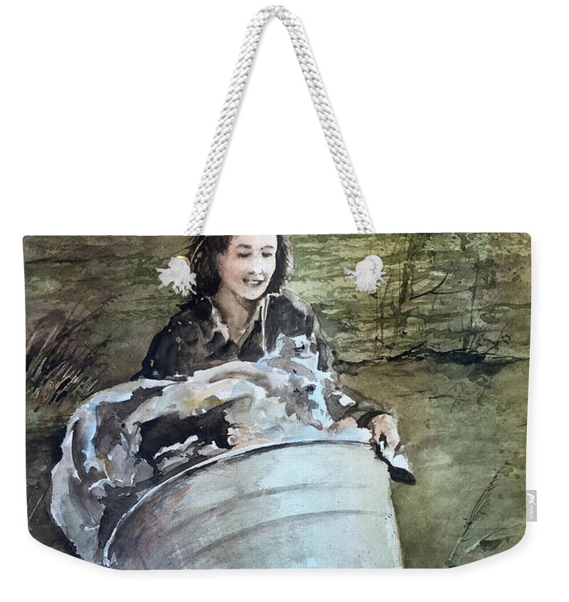 A Young Woman Totes A Tub Of Clothes Weekender Tote Bag featuring the painting Wash Day by Monte Toon