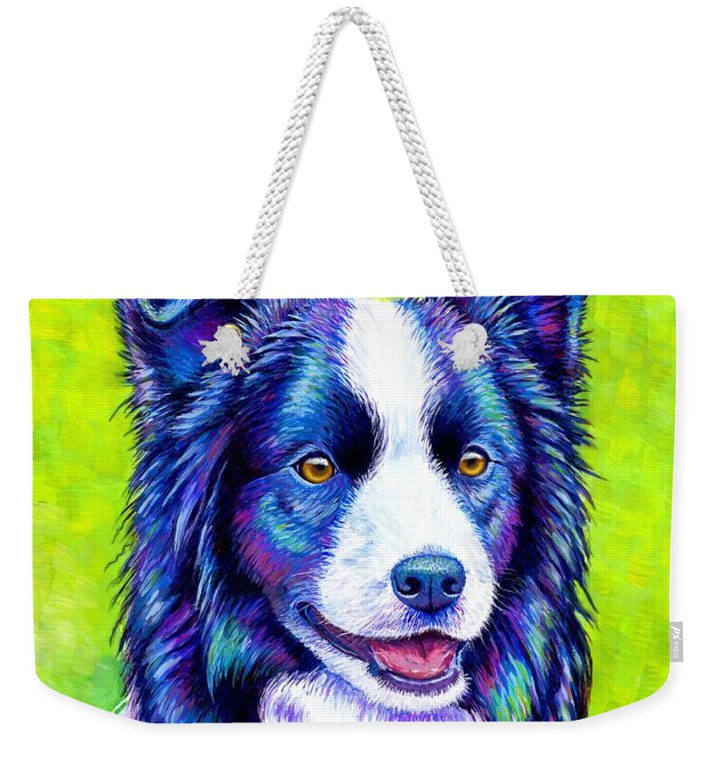 Border Collie Weekender Tote Bag featuring the painting Watchful Eye - Colorful Border Collie Dog by Rebecca Wang
