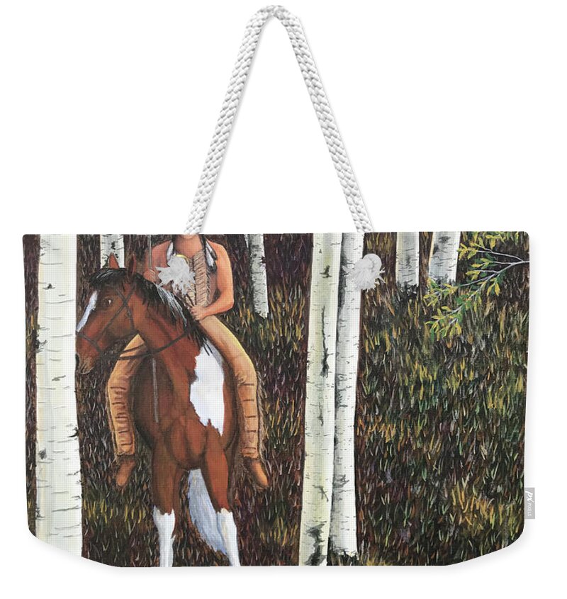Landscape Weekender Tote Bag featuring the painting Watching from the Birch Trees by Mr Dill