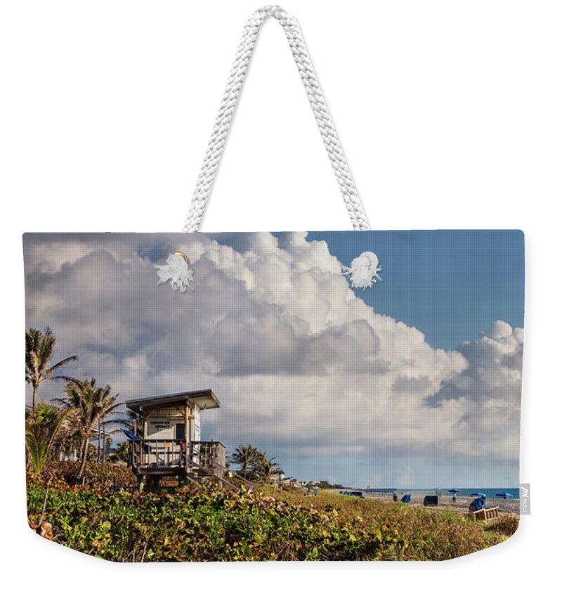 Clouds Weekender Tote Bag featuring the photograph Watching the Clouds in a Blue Sky Panorama by Debra and Dave Vanderlaan